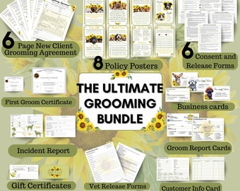 May include: A bundle of pet grooming essentials, including forms, certificates, and policy posters. The set features a new client grooming agreement, consent forms, business cards, and more. The text "GROOMING ESSENTIALS BUNDLE" is visible.