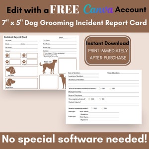Dog Grooming Incident Report Card in Brown, Groomer Incident Forms, Dog Grooming Incident Templates, Customizable Instant Digital Download
