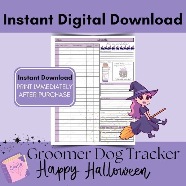 Dog Groomer Day Planner - Halloween Witch - Pet Stylist Dog Trackers for Dog Groomers - 8.5x11 Instant Download - Printable