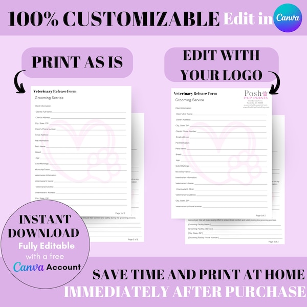 Dog Grooming Vet Release Form, Veterinary Consent Forms for Dog Groomer -Instant Digital Download - Canva