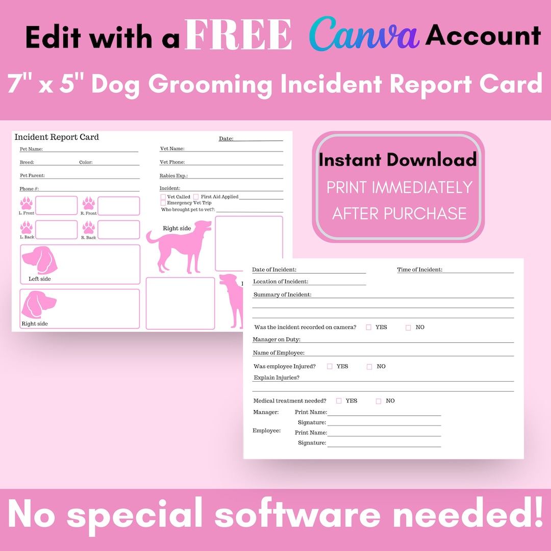 Dog Groom Incident Report Card in Pink, Grooming Incident Forms, Pet