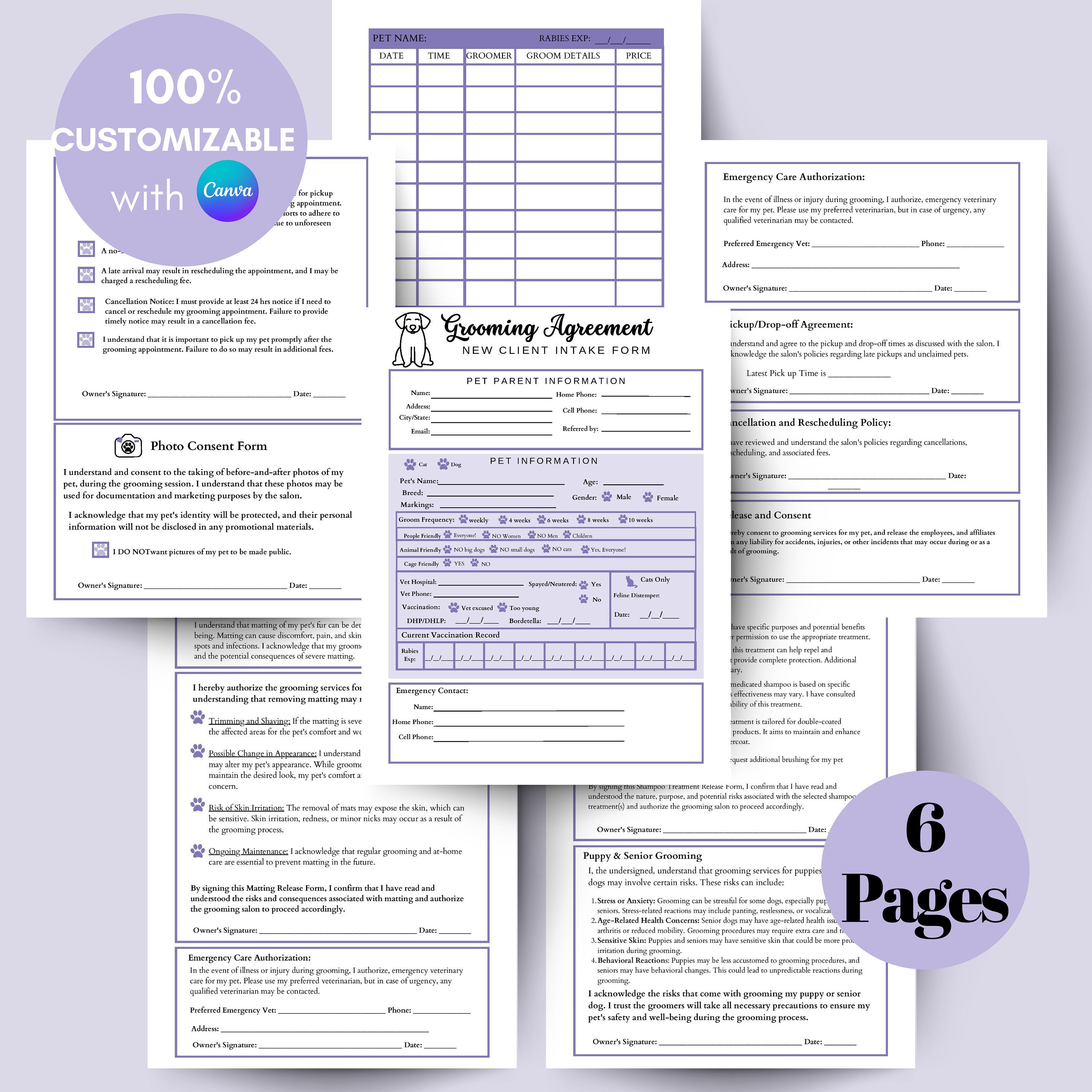 Dog Groom Agreement - Purple - Dog Grooming Consent and Release Form ...