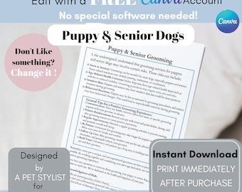 Puppy and Senior Waiver, Aging Pet Customer Agreement, Puppys Groom, Groomer Salon Start up Forms, Dog Grooming Template, Customizable Form