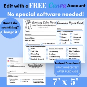 Boletim para cuidados com cães, formulário azul para salão de beleza, formas para cuidar de animais de estimação, para impressão, personalizável, download digital instantâneo