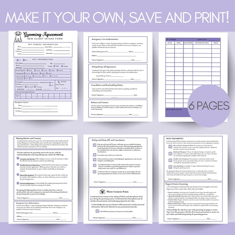 Dog Groom Agreement - Purple - Dog Grooming Consent and Release Form ...