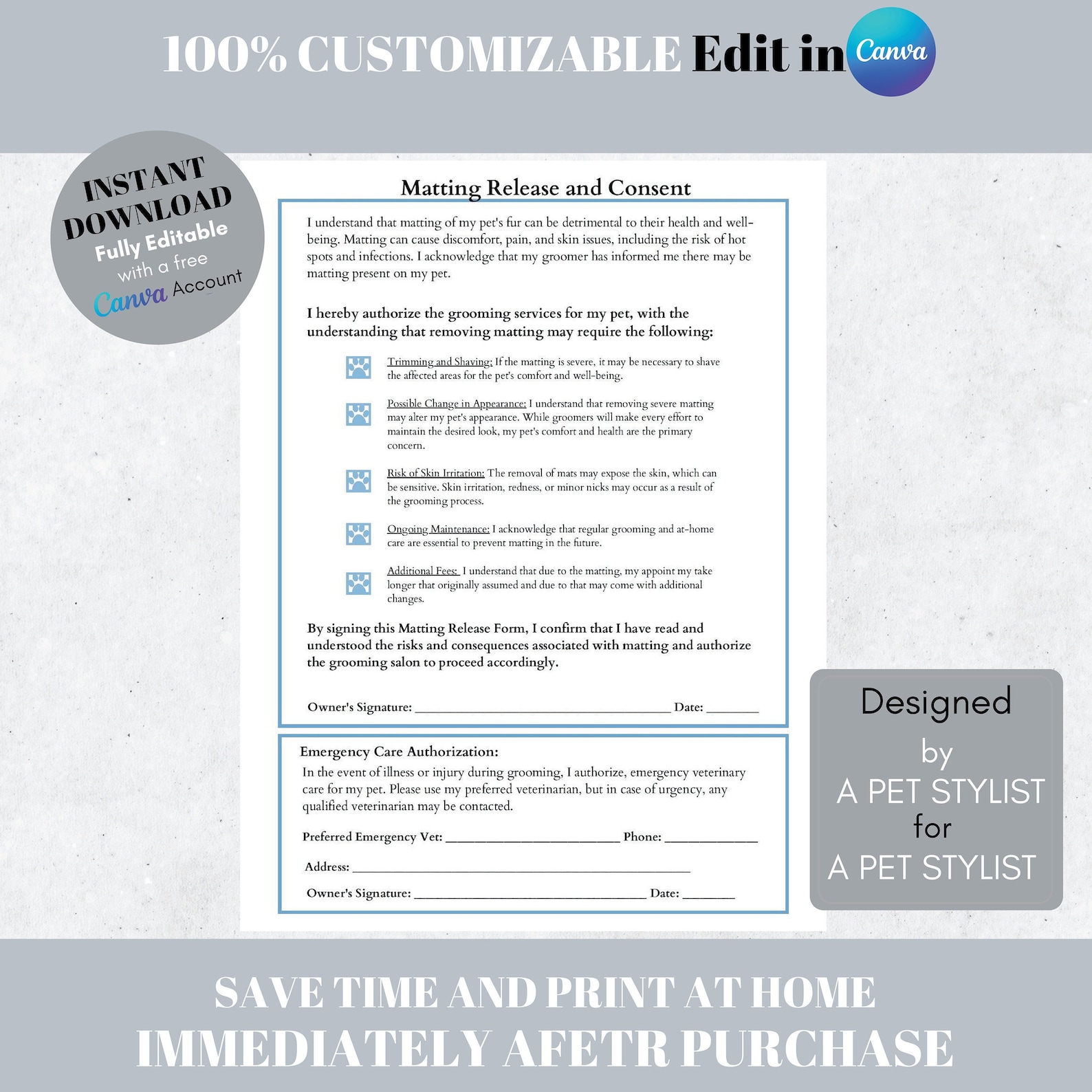 Matting Release Form Dog Groomer Template Pet Salon Contract