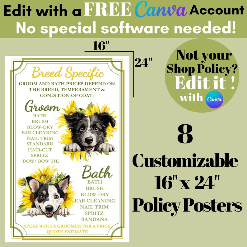 Dog Groomer Policy Poster Bundle Sunflower Floral Dog Groomer Policies