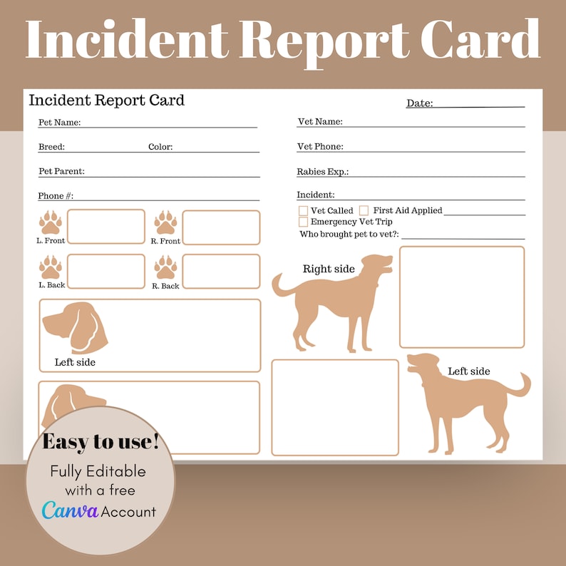 Dog Grooming Incident Report Card in Beige, Groomer Incident Forms, Dog