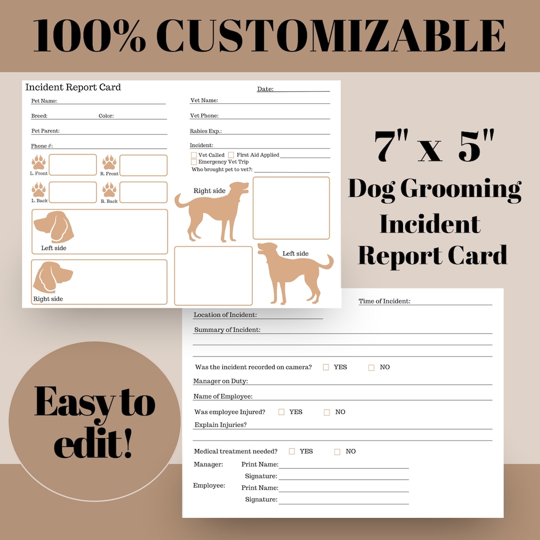 Dog Grooming Incident Report Card in Beige, Groomer Incident Forms, Dog