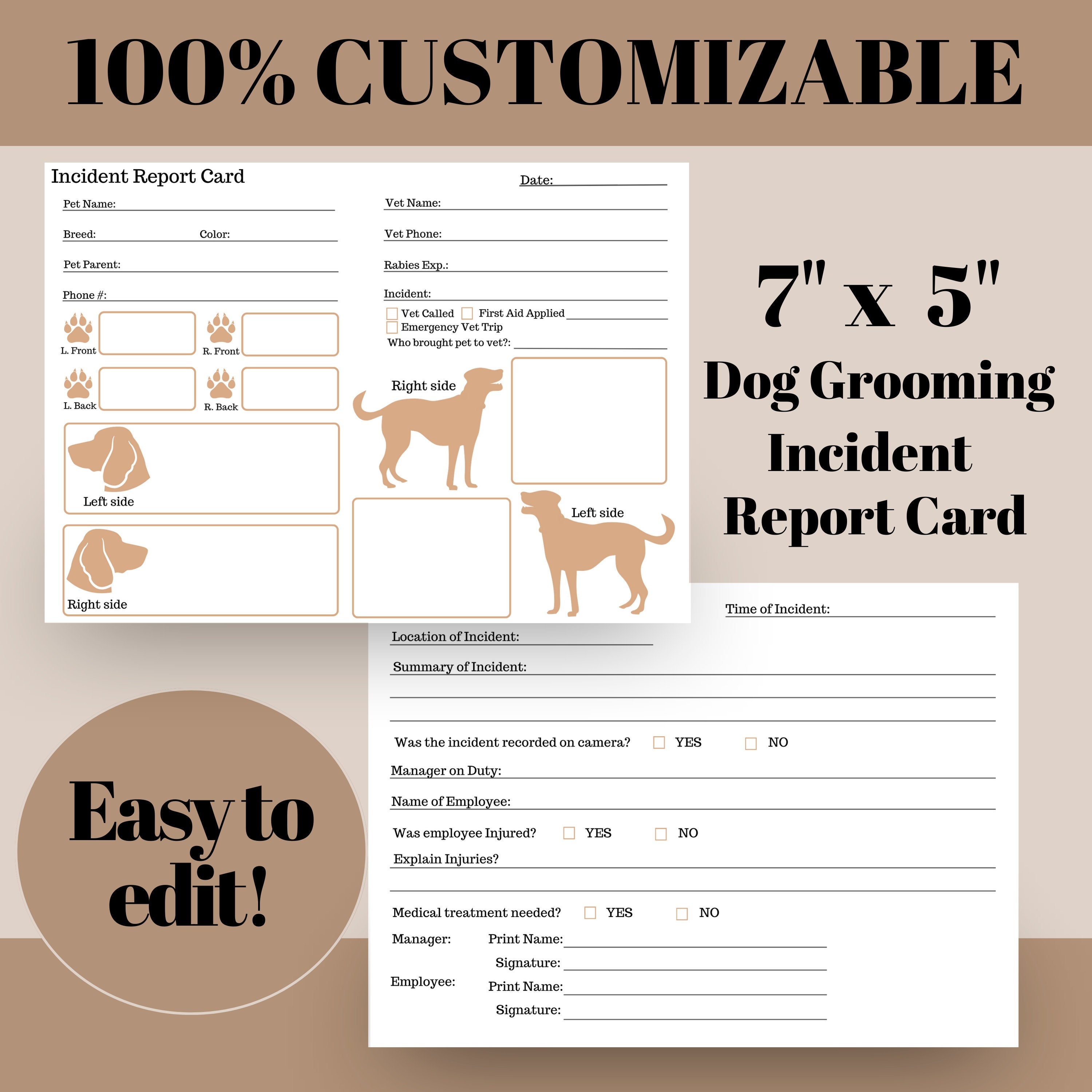 Dog Grooming Incident Report Card in Beige, Groomer Incident Forms, Dog
