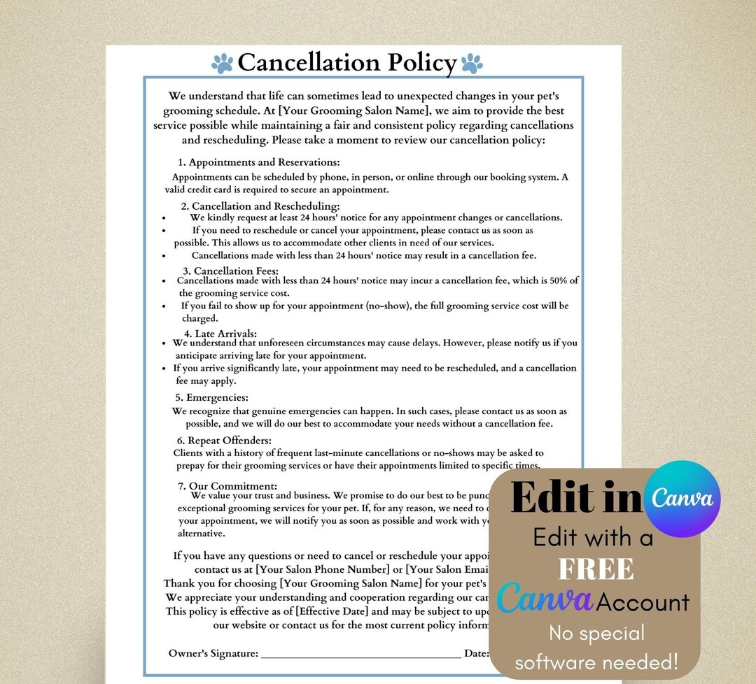 Dog Grooming Cancellation Policy, Pet Stylist Agreement, Cancel