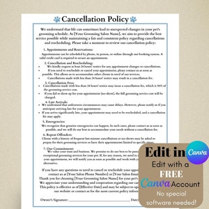 Dog Grooming Cancellation Policy, Pet Stylist Agreement, Cancel Policies Groomer Salon Startup Forms  Digital Download Customizable Template