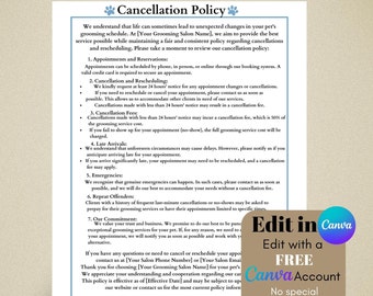 Dog Grooming Cancellation Policy, Pet Stylist Agreement, Cancel Policies Groomer Salon Startup Forms  Digital Download Customizable Template
