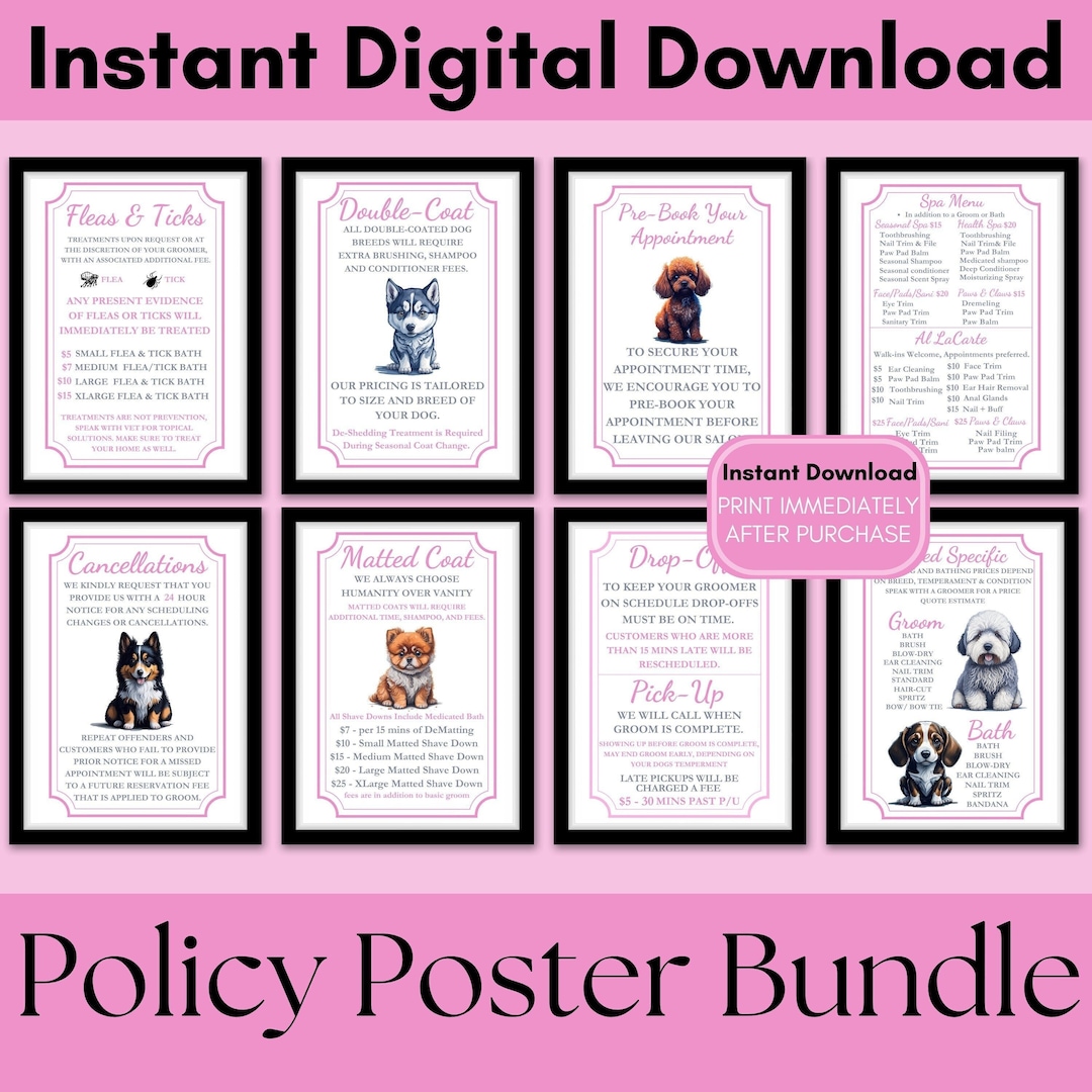 Dog Grooming Policy Poster Bundle Dog Groomer Policies Pack Grooming