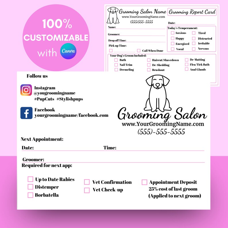 Grooming Section Lettering Dog Grooming Report Card Template, Pink Customizable Forms (canva ...