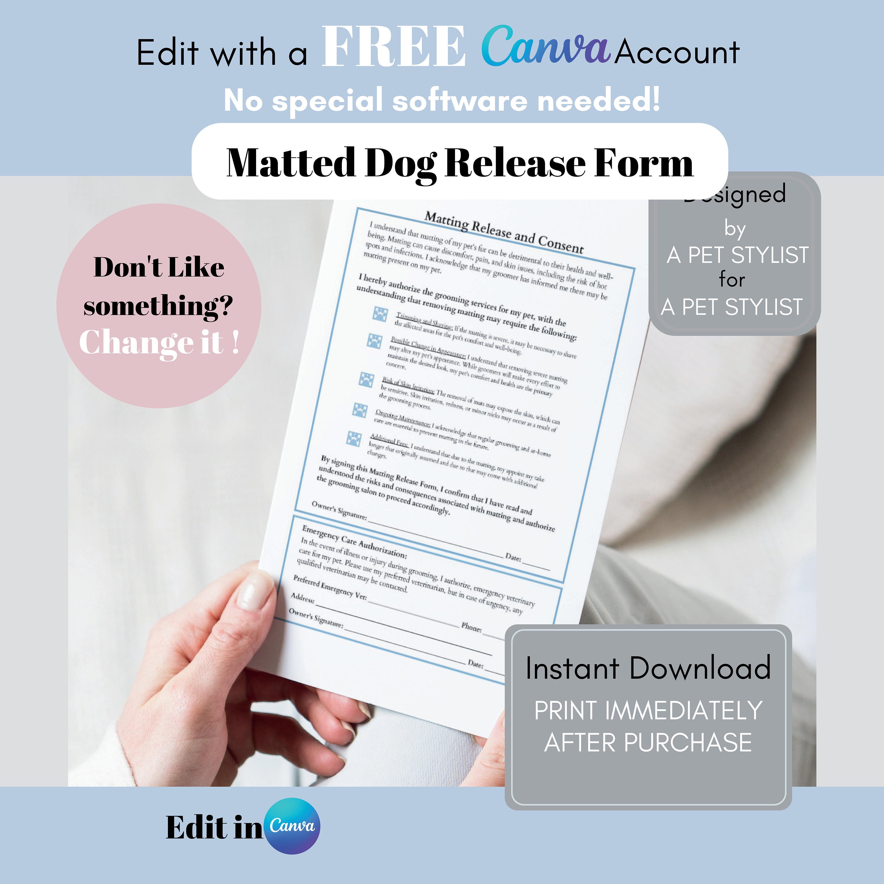 Matting Release Form Dog Groomer Template Pet Salon Contract