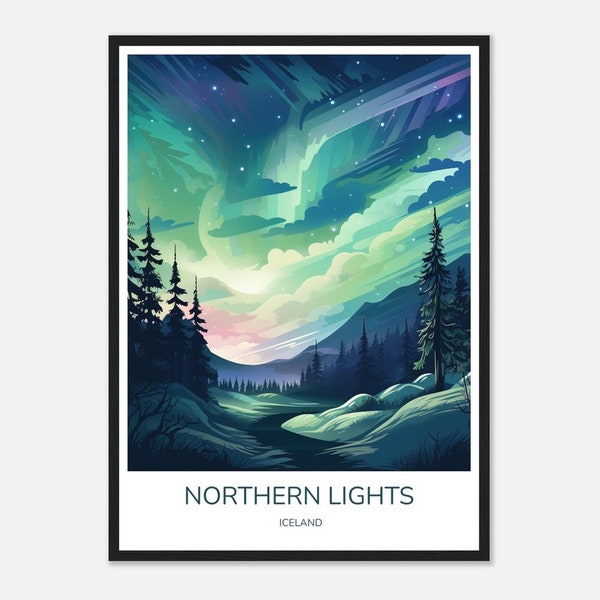 Northern Lights Iceland Wall Print, Wooden Framed Art, Travel-Inspired Decor, Perfect Gift for Wanderlust Souls, Ideal for Travelers