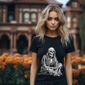 Retro Hooded Skeleton Unisex Tee, Upgrade to Express 2 Day Delivery Shipping FREE, skeletal bones, hooded reaper, fantastical, paranormal