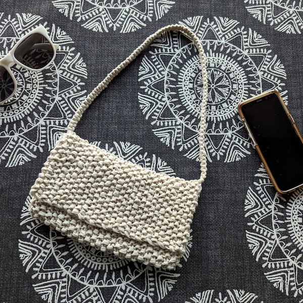 Knit Purse/bag/clutch with flap and a macramé strap, gifts for her