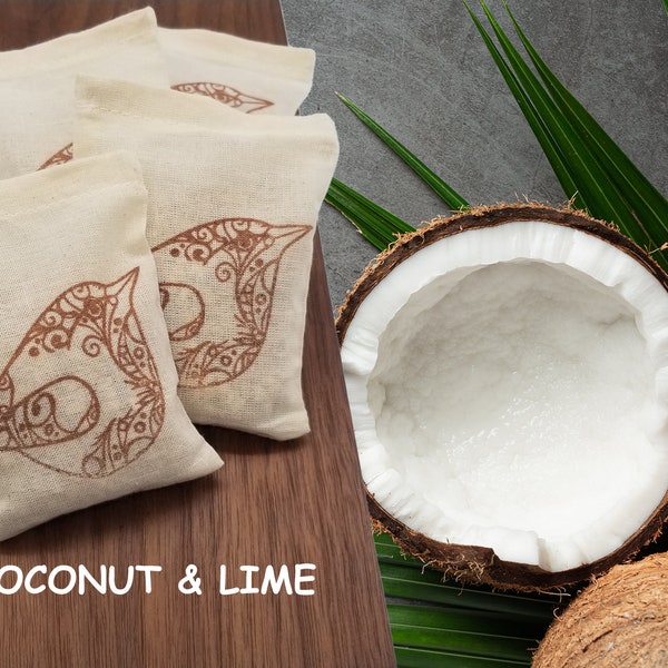 Coconut & Lime Scented Sachets - Set of 4 Air Freshener Party Favor Housewarming Office Gift