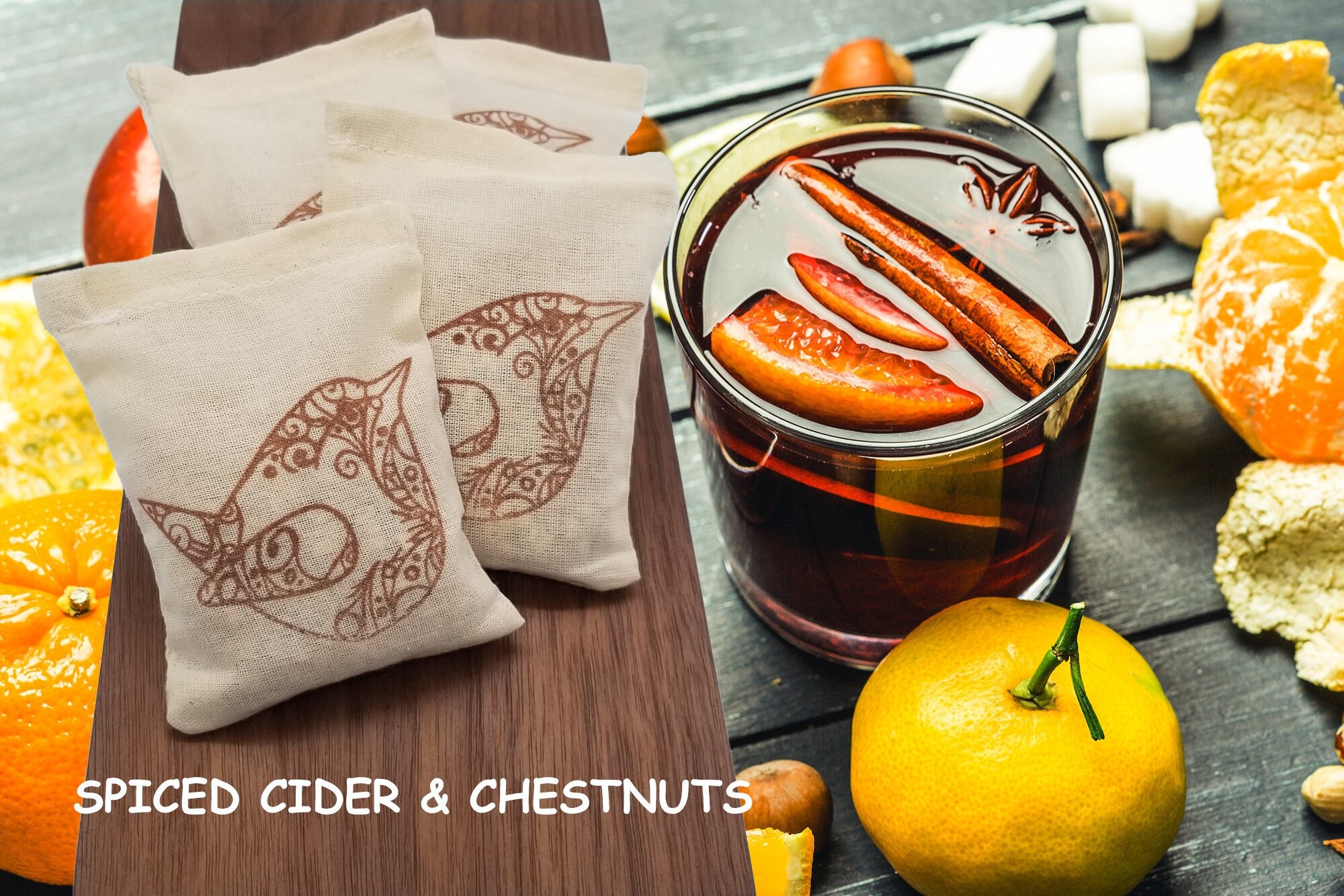 Spiced Cider Chestnuts Scented Sachets - Set of 4 Air Freshener Party Favor Housewarming Office or Thank You Gift Smells Like the Holidays!
