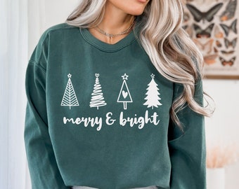 Merry & Bright Christmas Trees Sweater, Xmas Sweater, Comfort Colors Christmas Shirt, Holiday Sweater, Women's Holiday Sweater, Xmas Shirt