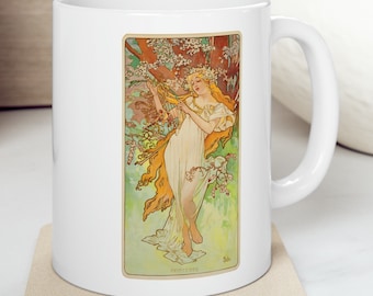 Spring Alphonse Mucha Classic Art Nouveau Illustration Mug, great gift for artist, art lover, art teacher, art student, tea cup, coffee cup