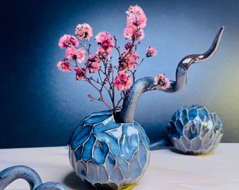 Round Mini Vase Hand Carved Functional Home Decor Handmade Porcelain Vessel for Flowers Midnight Blue Glaze Unique Art Gift Idea