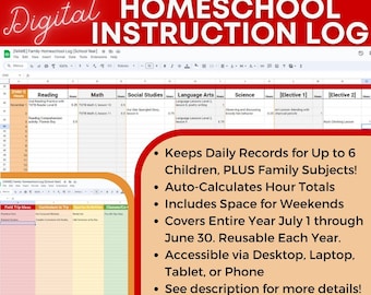 Digital Homeschool Instruction Log - Record Hours and Lessons Completed