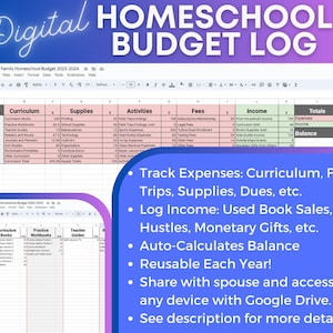 May include: A digital spreadsheet for tracking homeschool budget expenses and income. The spreadsheet is divided into categories such as curriculum, supplies, activities, fees, income, and totals. The spreadsheet is designed to be used by homeschooling families to track their expenses and income. The spreadsheet is also designed to be used to track the balance of the homeschool budget. The spreadsheet is designed to be used with Google Drive.