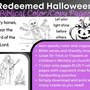 Könnte beinhalten: Schwarz-weiße druckbare Malvorlagen mit Bibelversen und Halloween-Motiven. Die Seiten zeigen ein Skelett, einen Kürbis und Jesus mit Kindern. Der Text enthält "Redeemed Halloween", "O dry bones, hear the word of the Lord", und "Let your light shine before others."