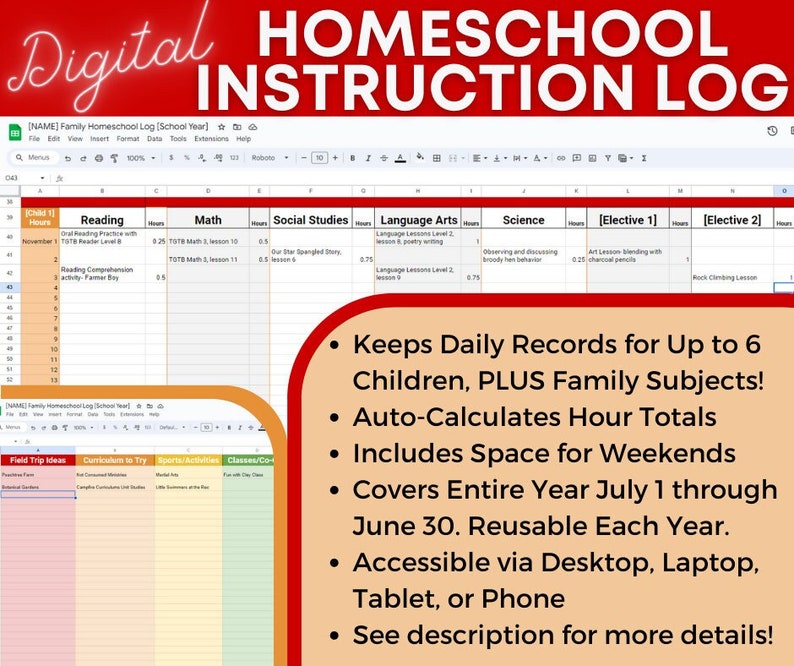 Digital Homeschool Instruction Log Record Hours and Lessons Etsy