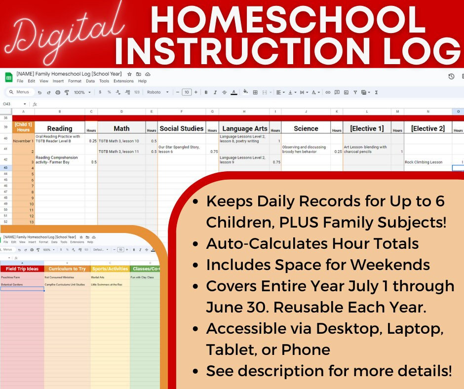 Digital Homeschool Instruction Log Record Hours and Lessons Etsy