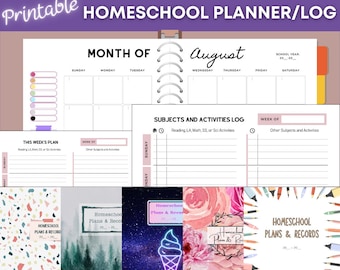Puede incluir: Un planificador y registro de escuela en casa imprimible con un calendario mensual, un horario semanal y un registro de materias y actividades. El planificador tiene un esquema de color rosa y blanco con un diseño floral. El texto en el planificador dice "Homeschool Planner/Log" y "Mes de agosto".
