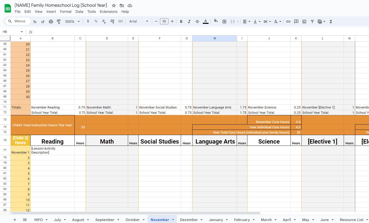 Digital Homeschool Instruction Log Record Hours and Lessons Etsy