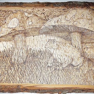 Può includere: Intaglio in legno raffigurante un rospo sotto grandi funghi in un campo erboso. L'opera d'arte è intagliata in un pezzo di legno rettangolare con un bordo di corteccia naturale. Il rospo e i funghi sono dettagliati con linee e ombre.