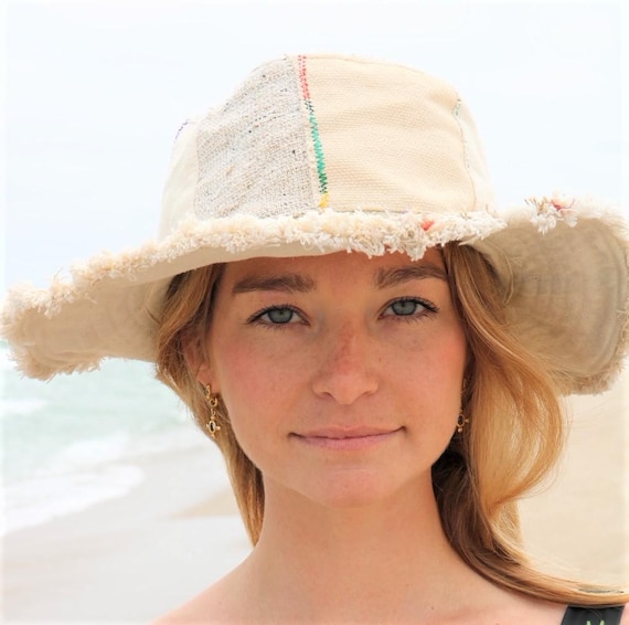 Unisex Cream Outback Hemp Hat With a Flexible, Fringed and Lined