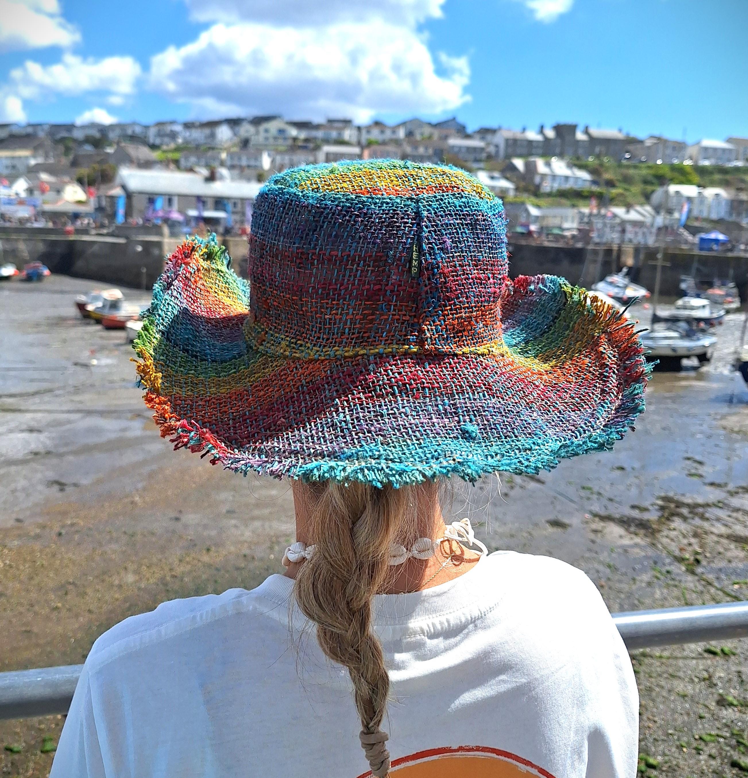 Indigo Soul Rainbow Straw Sun Hat Wide Brim Beach Vacation NEW Corduroy Wide Brim Sun Hat - Rust – Blue Corduroy main image 4