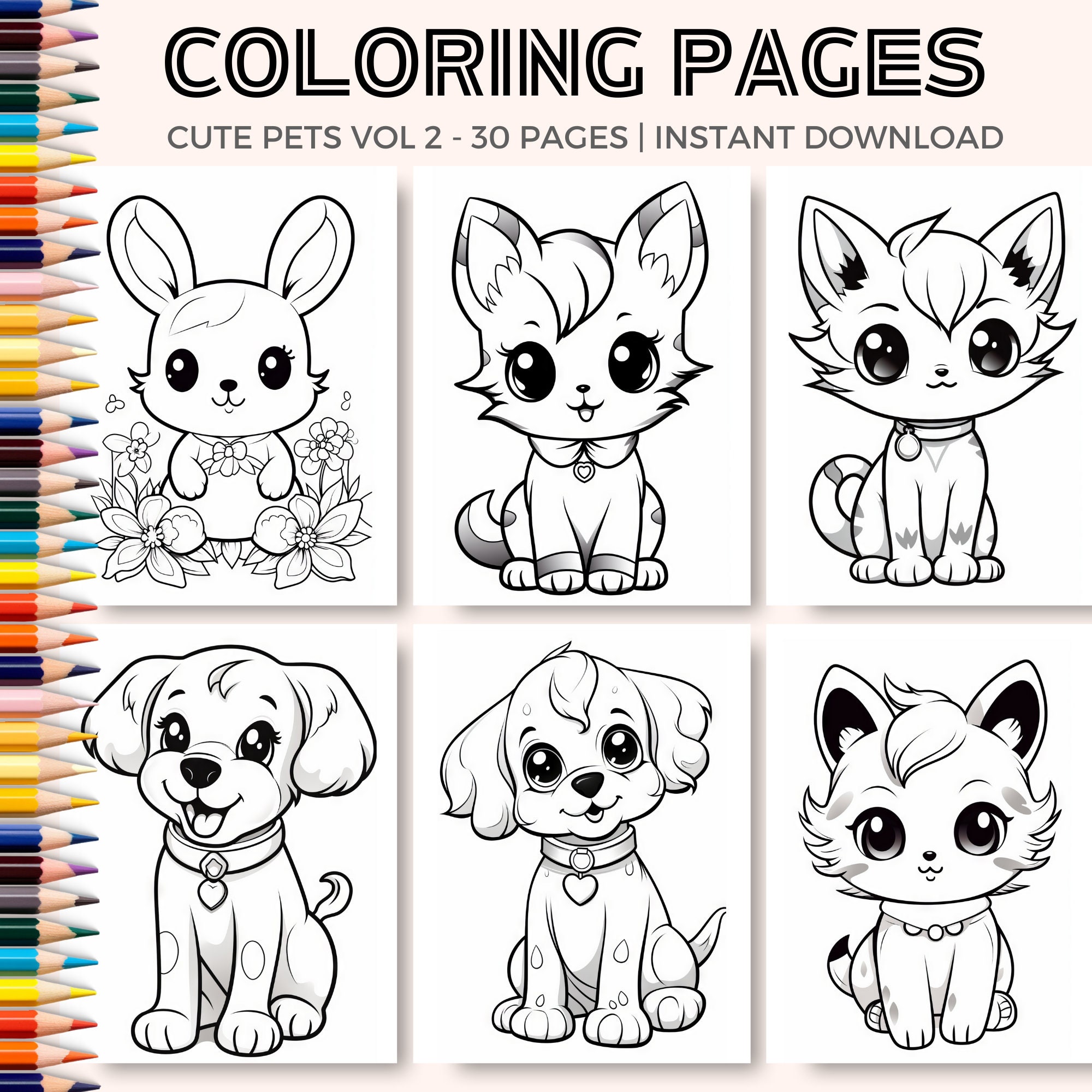 Cute Pet Coloring Pages, Printable PDF Sheets, Instant Download, Dog
