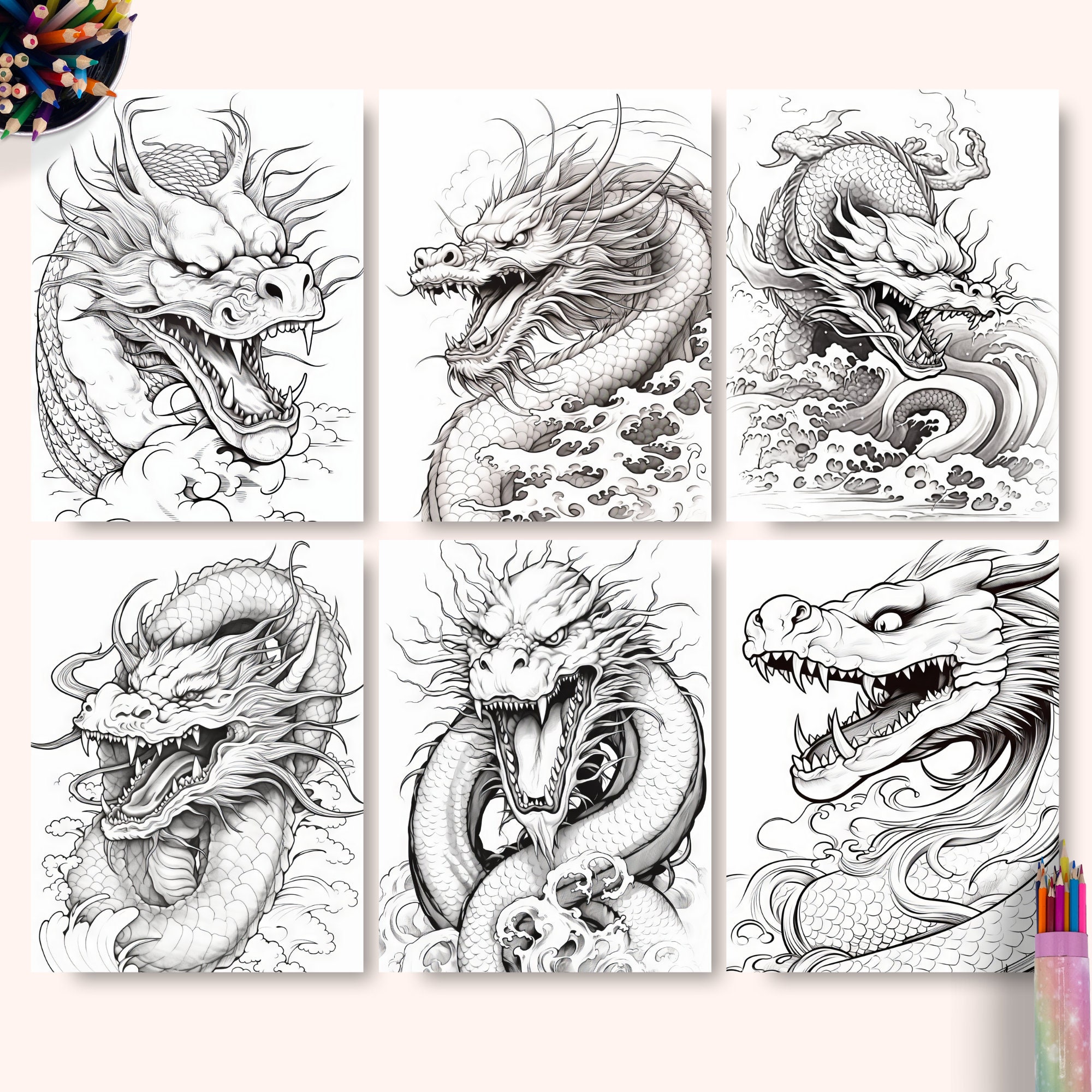 Japanese Dragon Coloring Pages, Coloring Sheets, Instant Download