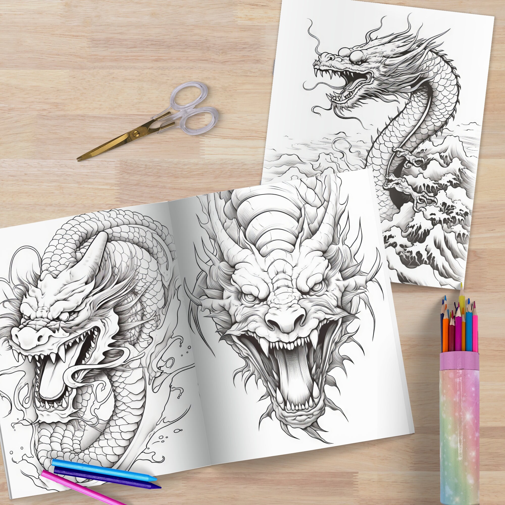Japanese Dragon Coloring Pages Coloring Sheets Instant - Etsy