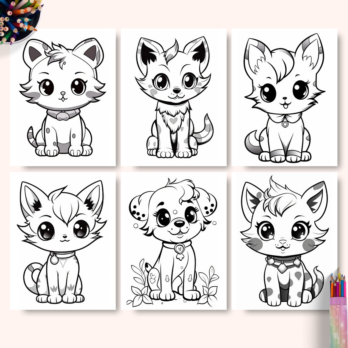 Cute Pet Coloring Pages, Printable PDF Sheets, Instant Download, Dog
