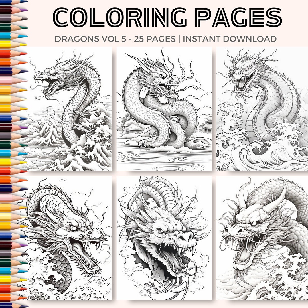 Japanese Dragon Coloring Pages Coloring Sheets Instant - Etsy