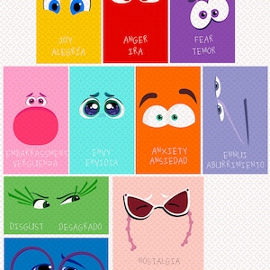 May include: A colorful chart with different emotions represented by cartoon eyes. The emotions include joy, anger, fear, embarrassment, envy, anxiety, ennui, disgust, nostalgia, sadness, and tristeza.
