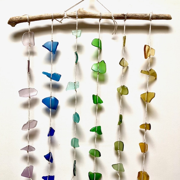 Rainbow sea glass and driftwood suncatcher, 6 strands in graduated shades with rare colours of glass inc. cobalt, cornflower, and lavender.