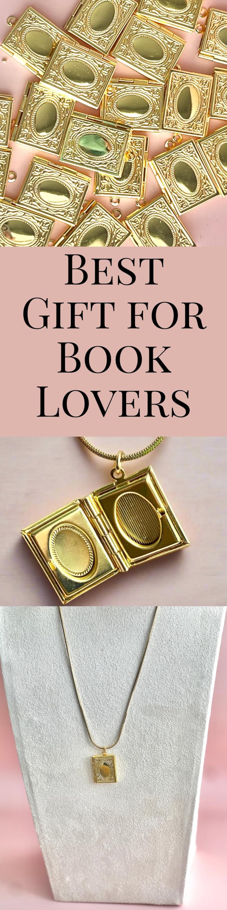 May include: Gold book-shaped locket necklace with a chain. The locket opens to reveal a small oval space inside. The locket is a great gift for book lovers.
