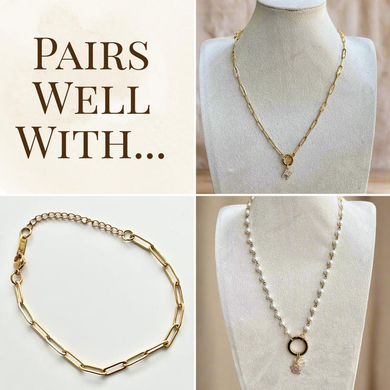 Puede incluir: La imagen muestra joyas doradas: un collar con un dije, un collar de perlas y una pulsera. El texto "PAIRS WELL WITH..." se muestra. Las joyas se exhiben sobre fondos blancos y beige.