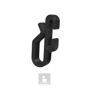 May include: A black plastic clip with a textured surface, designed for hanging items. The clip has a curved top, a hook, and a loop. The logo "ADDITIVE INGENUITY" is at the bottom.