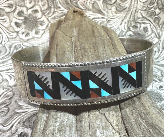 Vintage Zuni Inlay Cuff Bracelet: Turquoise, Cora… - image 2