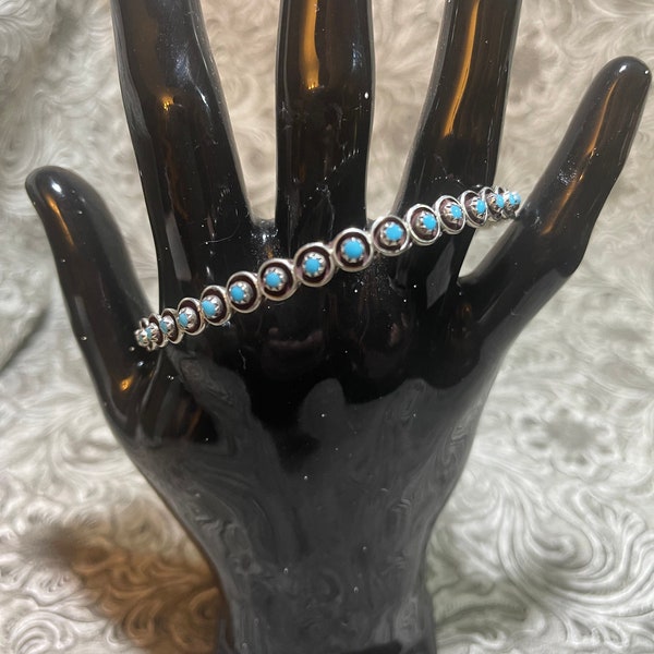 Vintage Hand Signed Florenda Lonasee Turquoise Snake Eye Sterling Silver Bangle Bracelet